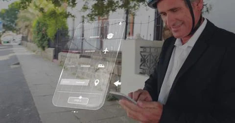 Image of digital interface with data processing over caucasian man using Foto stock