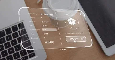 Image of digital interface with data processing over desk with laptop and tablet Stock Photos