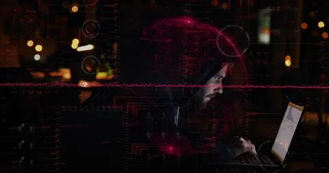 Image of digital interface data processing over hacker in hood using laptop Foto stock