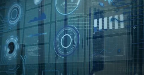 Image of digital interface with data processing against computer server room Stock Photos