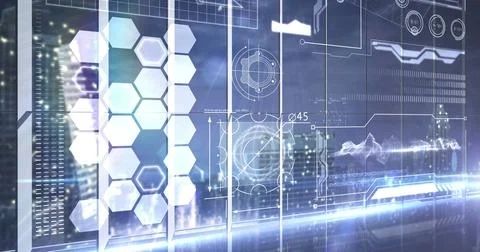 Image of digital interface with data processing against blue background Foto stock