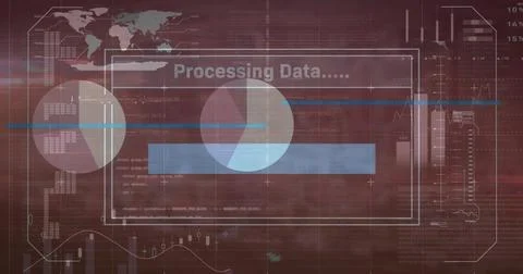 Image of digital interface displaying data processing with graphs and world map Stock Illustration