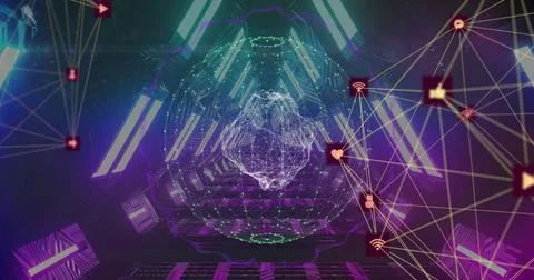Image of digital interface with globe of network of connections in glowing Foto stock
