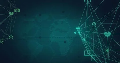Image of digital interface with globes of network of connections and data Stock Photos