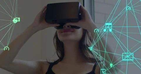 Image of digital interface with globes with network of connections over woman Fotos Stock