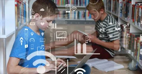 Image of digital interface with graphs and icons moving over two schoolboys Stock Illustration