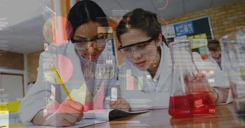 Image of digital interface with graphs and data moving over secondary school Stock Illustration