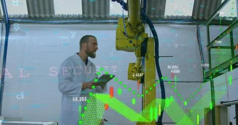 Image of digital interface with graphs, and data processing over man using Stock Photos