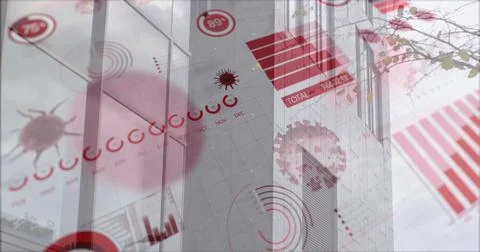 Image of a digital interface with graphs and statistics and Coronavirus cells Stock Photos