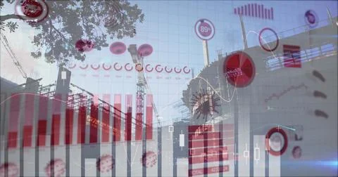 Image of a digital interface with graphs and statistics and Coronavirus cells Stock Photos