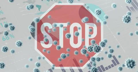 Image of digital interface with graphs, statistics and 3d coronavirus cells Stock Photos