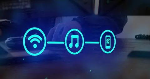 Image of digital interface with icons and data processing over man using 스톡 사진