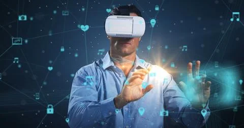 Image of digital interface with icons and network of connections with man Foto stock