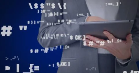 Image of digital interface with icons and data processing 写真素材