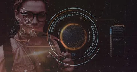 Image of digital interface with icons and data processing Foto stock