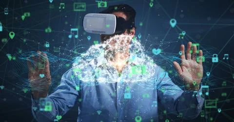 Image of digital interface with icons and network of connections with man Stock Photos