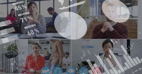 Image of digital interface with icons on computer screen with people talking on Stock Photos