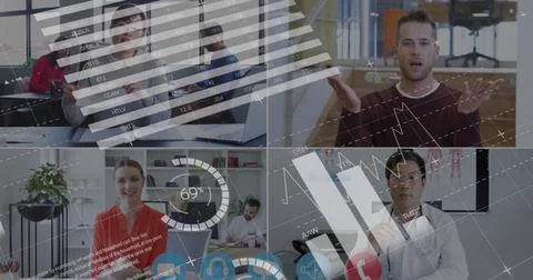 Image of digital interface with icons on computer screen with people talking on Foto stock