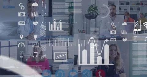 Image of digital interface with icons on computer screen with people talking on Foto stock