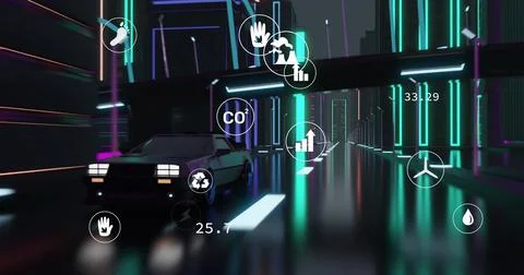 Image of digital interface with icons over car driving Foto stock