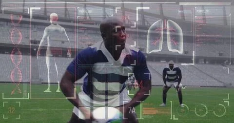 Image of digital interface with medical data processing over rugby players 写真素材