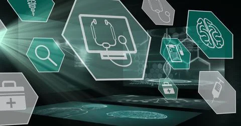 Image of digital interface with medical icons on black background Stock Illustration