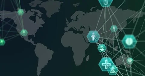 Image of digital interface with medical icons and network of connections over Stock Photos
