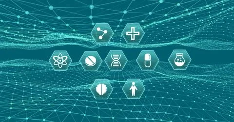 Image of digital interface with medical icons and network of connections over Foto stock