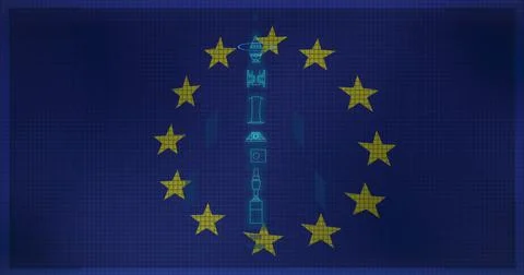 Image of digital interface with missile over eu flag イラスト素材
