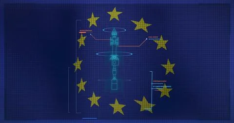 Image of digital interface with missile over eu flag 스톡 일러스트