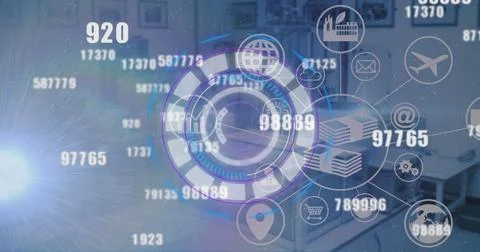 Image of digital interface with moving numbers a circular scope and a network of Illustrazione stock