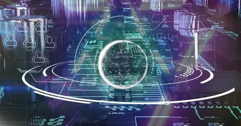 Image of digital interface multiple icons with glowing spinning globe over Stock Illustration