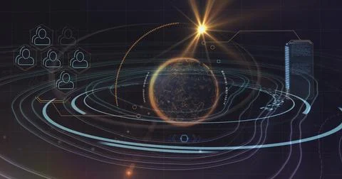 Image of digital interface multiple icons with  glowing spinning globe and scope 库存插图