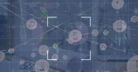 Image of digital interface with network of connections over server room Illustrazione stock