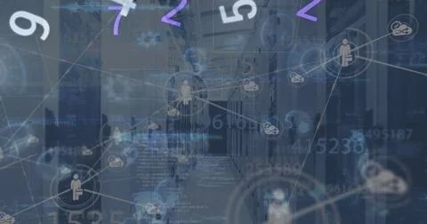 Image of digital interface with network of connections over server room イラスト素材