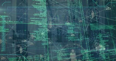 Image of digital interface with network of connections over server room イラスト素材