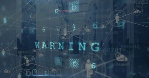 Image of digital interface with network of connections over server room Illustrazione stock