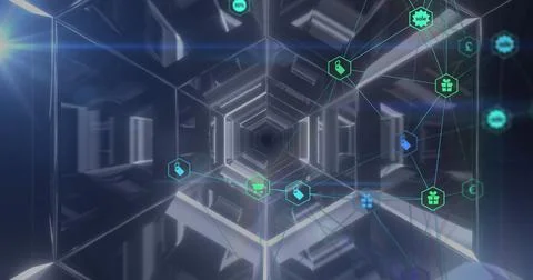 Image of digital interface with network of connections and icons in glowing Stock Photos