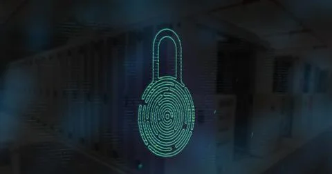 Image of digital interface with online security biometric padlock icon and data Stock Photos