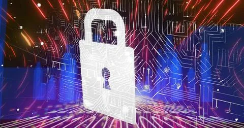 Image of digital interface online security padlock over circuit board and binary Stock Photos