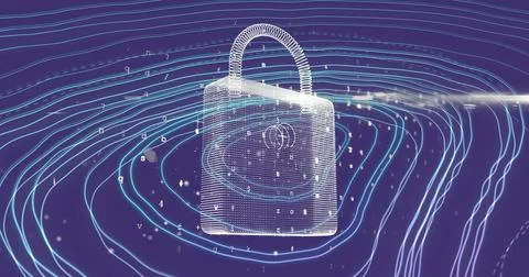 Image of digital interface with online security padlock icon with map lines on Stock Photos