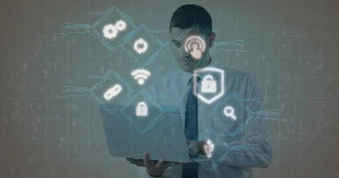 Image of digital interface online security icons flickering over businessman Photos