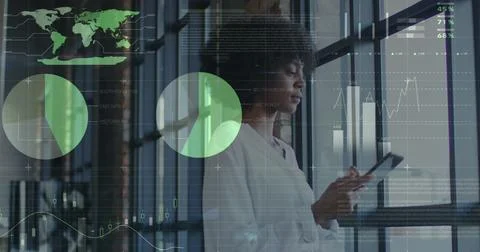 Image of digital interface over biracial woman using technology Stockfoto's