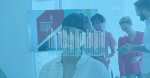 Image of digital interface over business people using phone headsets Stock Photos