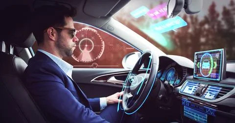 Image of digital interface over businessman in self driving car Stock Photos