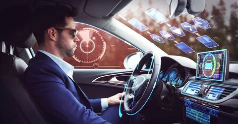 Image of digital interface over businessman in self-driving car Stock Photos