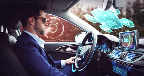 Image of digital interface over businessman in self-driving car Stock Photos