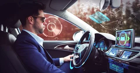 Image of digital interface over businessman in self-driving car Stock Photos