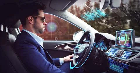 Image of digital interface over businessman in self-driving car Stock Photos