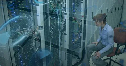 Image of digital interface over caucasian female server room worker Stock-Fotos